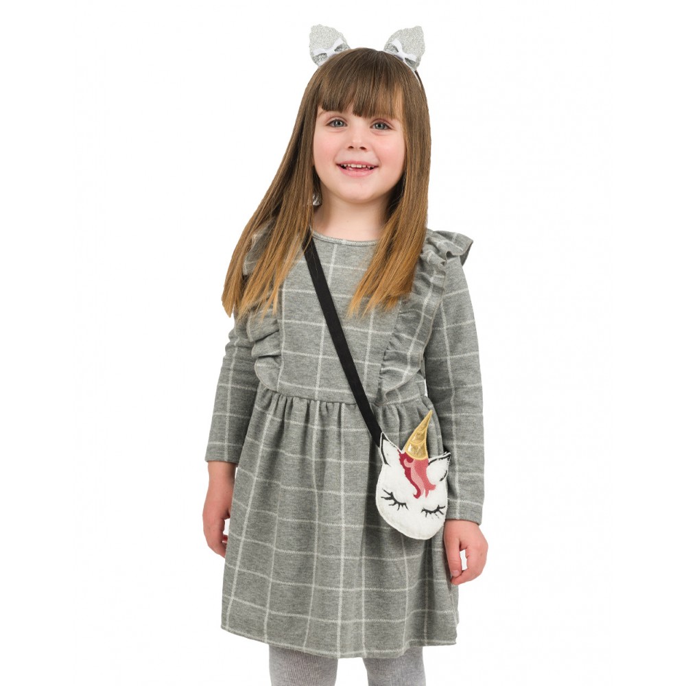 Energiers Παιδικό Φόρεμα Ζακάρ Με Καρώ Μοτίβο και Τσαντάκι Unicorn - Image 4