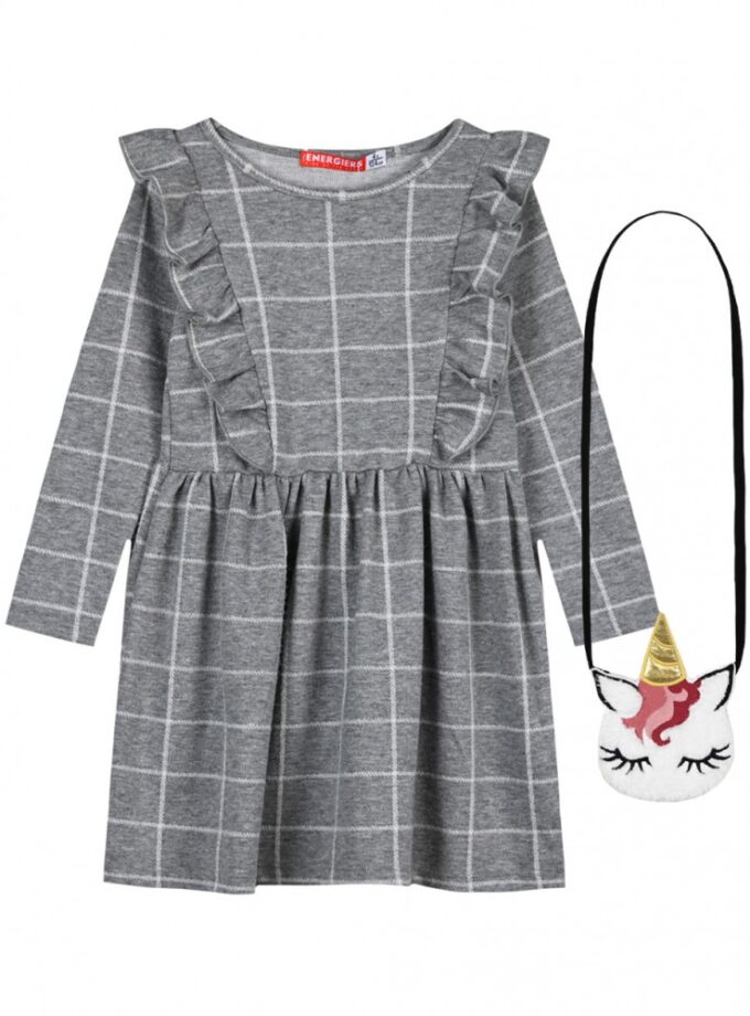 Energiers Παιδικό Φόρεμα Ζακάρ Με Καρώ Μοτίβο και Τσαντάκι Unicorn